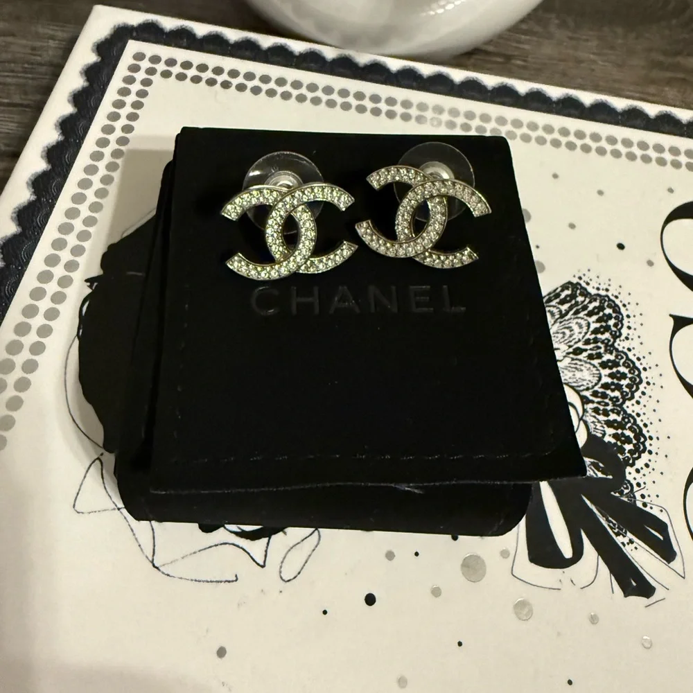 Chanel‎ Classic Silver Crystal CC Earrings